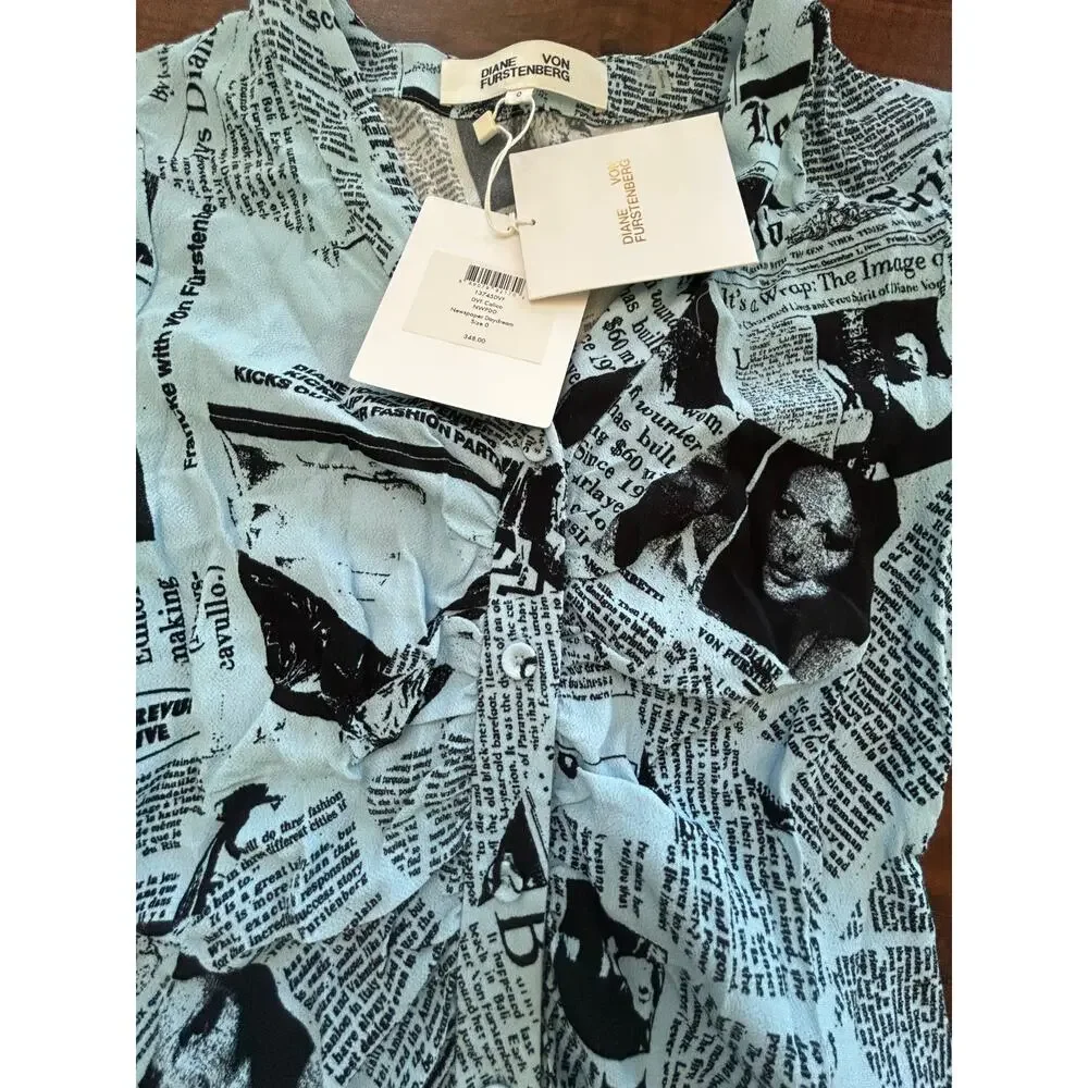 NWT Diane von Furstenberg Calico Newspaper Daydream Mini Dress Size 0 Blue